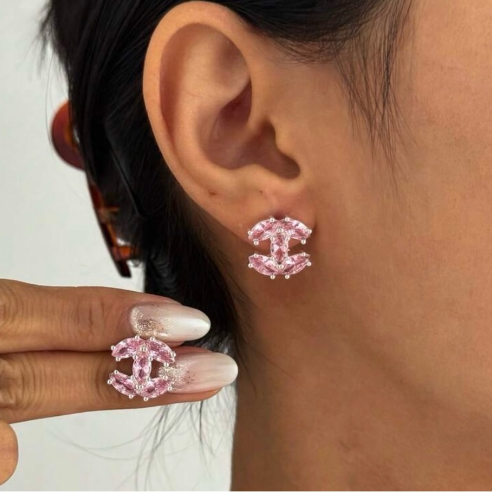 18 Karat Gold Plated Pink Crystal CC Stud Earrings